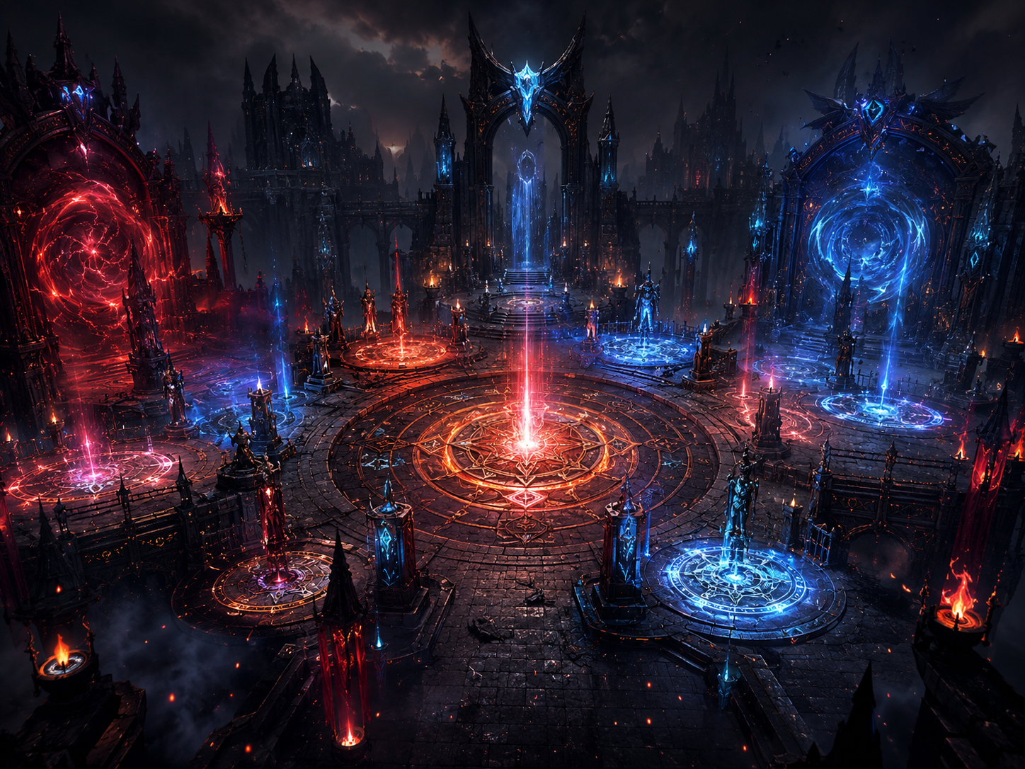 Arena mística com portais e magia azul e vermelha