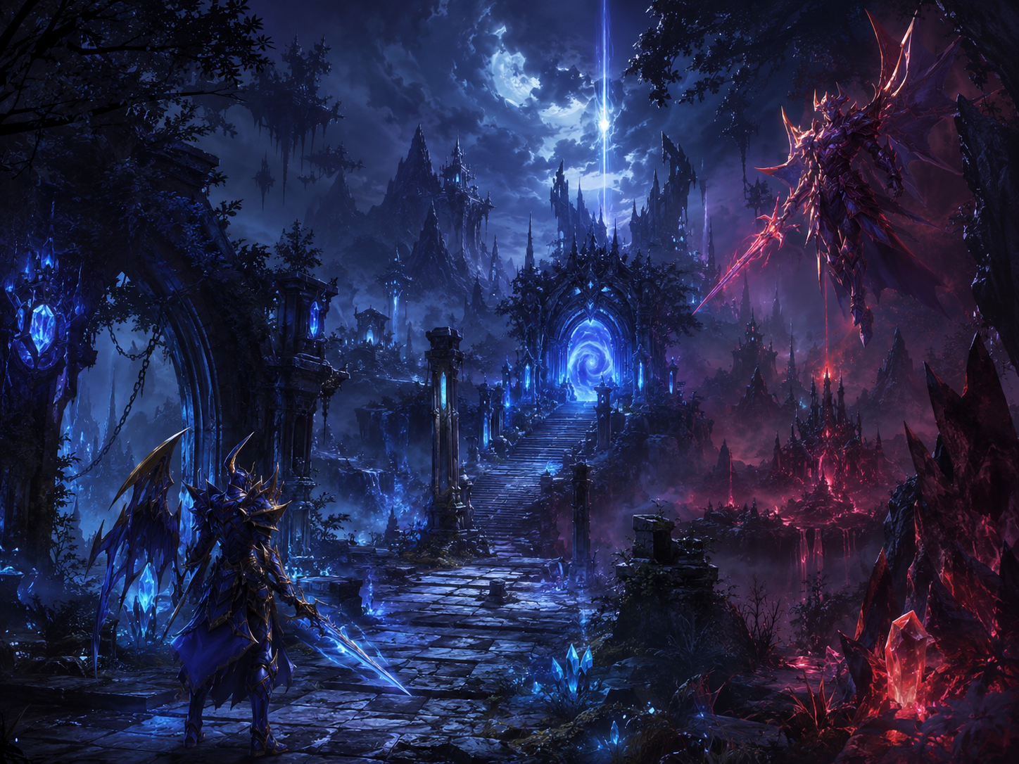 Arte temática do mundo QGMu com portal e cenário dark fantasy